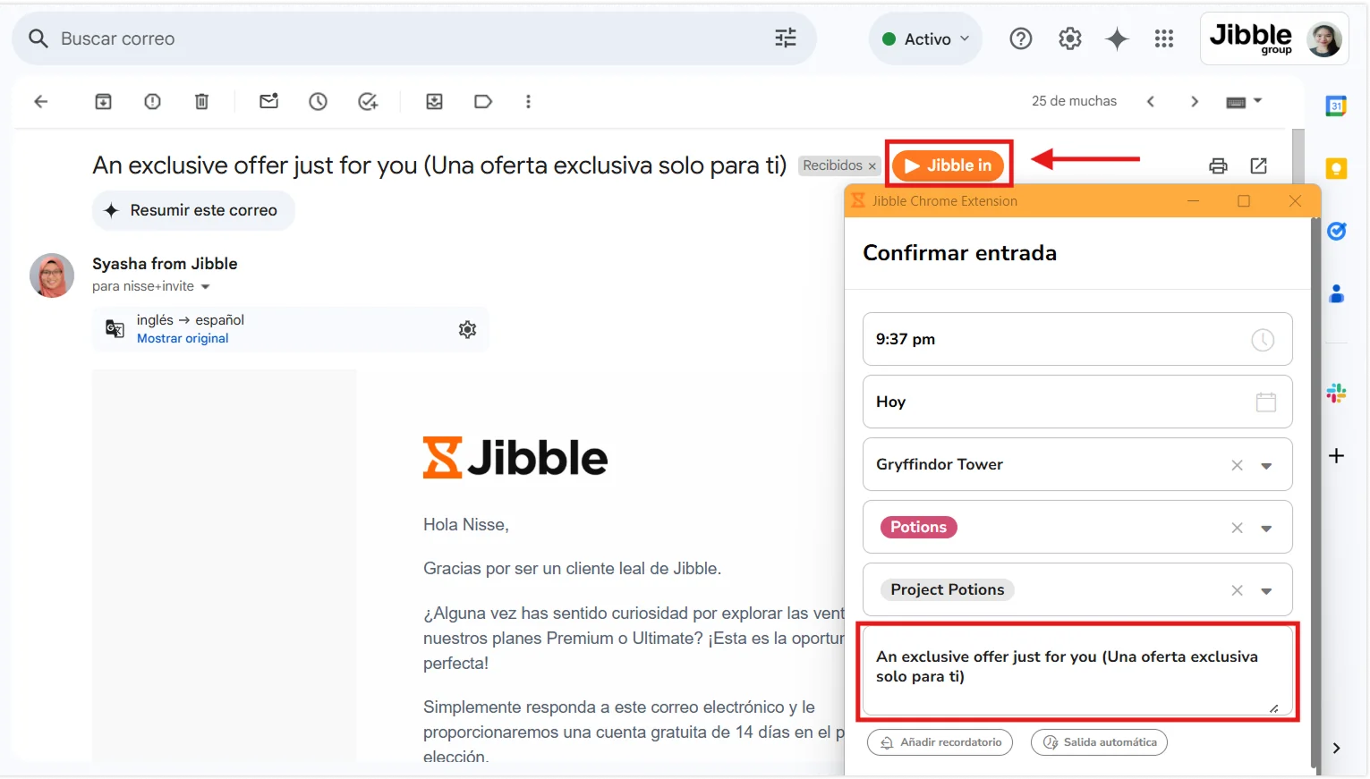 Embedded Jibble timer directly in Gmail