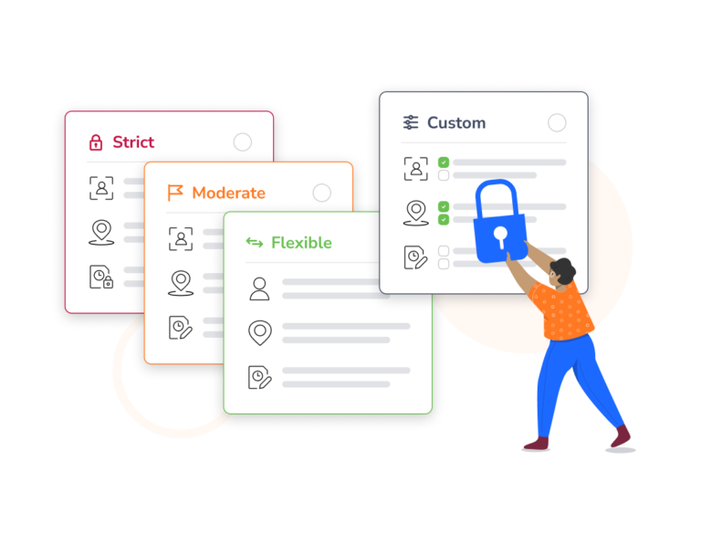 Clocking in restrictions on time tracking software from strict, to moderate, flexible and custom