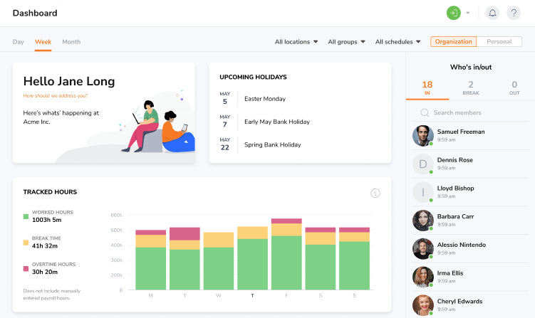Jibble’s dashboard displaying tracked hours , group, schedule or location, and know who’s in or out realtime.