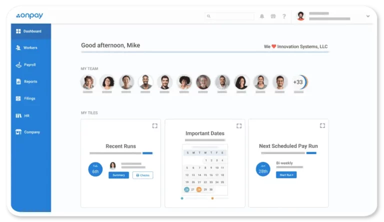 Mockup of the Onpay Dashboard showing self-service features