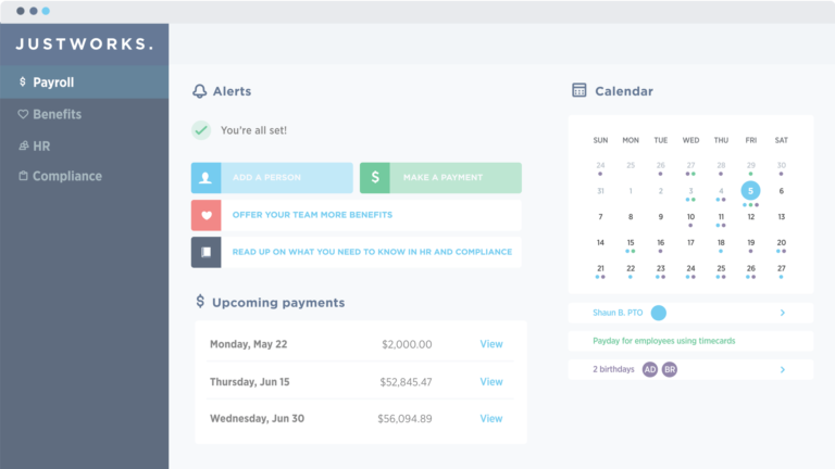 Screen showing upcoming payments and alerts for payroll procession 
