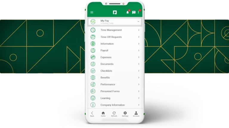 Graphic showing the Paycom mibile employee self-service app screen