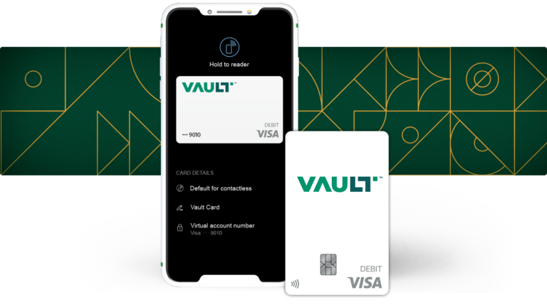 Graphic showing the Paycom Vault on mobile screen and Paycom Vault card