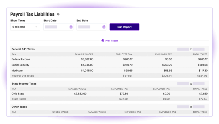 Screen showing payroll tax liabilities