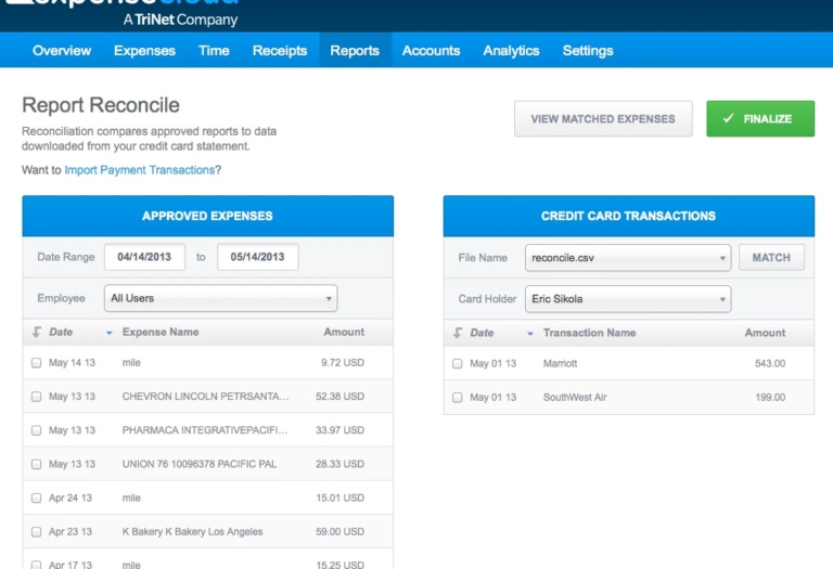 Showing TriNet's report reconcile screen