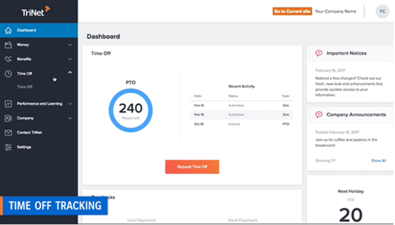 Screen showing TriNet's dashboard