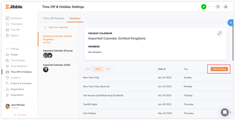 Button to add a manual holiday to a public holiday calendar