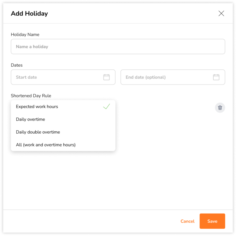 Shortened day rule properties when adding holidays