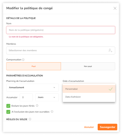 Selecting an annual schedule of accrual with custom date for paid time off policies.