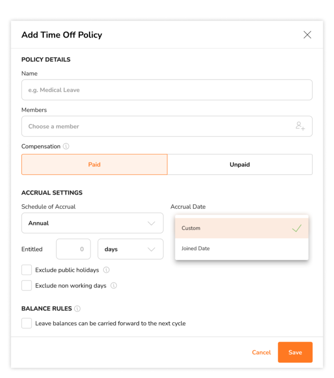 Selecting an annual schedule of accrual with custom date for paid time off policies