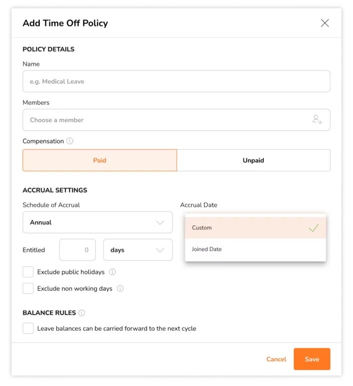 Selecting an annual schedule of accrual with custom date for paid time off policies