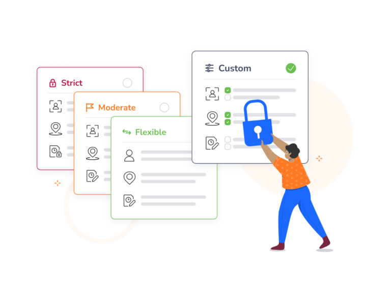 Configurações diferentes, como flexível, moderada, rigorosa e personalizada