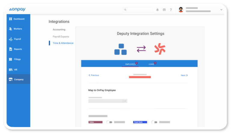 Screen visualizing Deputy's integration with OnPay