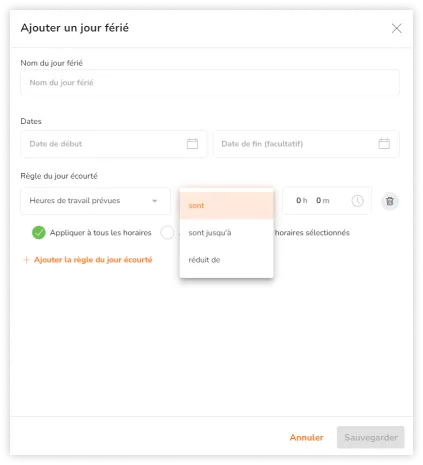 Editing options when configuring expected work hours rule for shortened days