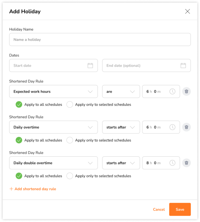 Configure daily double overtime rule for shortened days