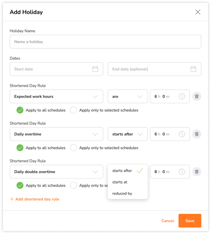 Editing options when configuring daily double overtime rule for shortened days