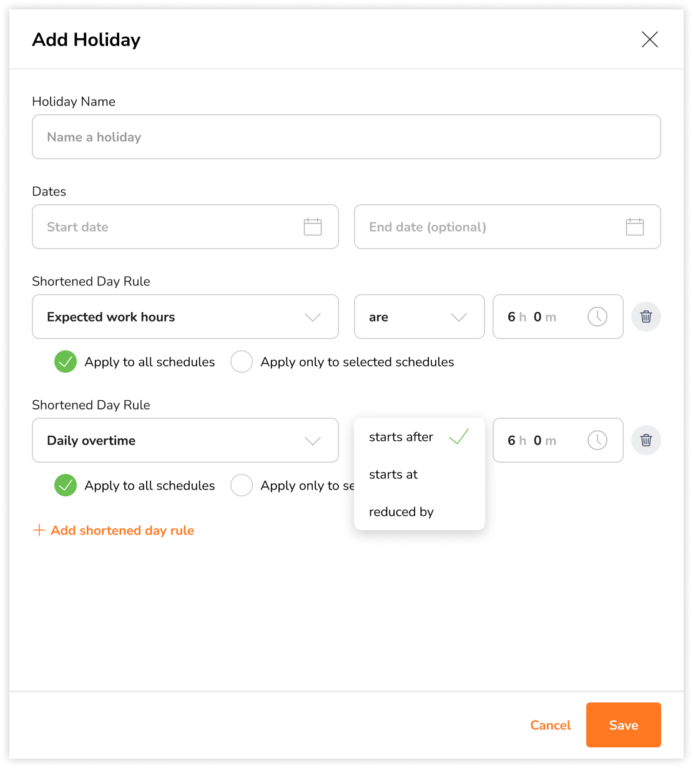 Editing options when configuring daily overtime rule for shortened days