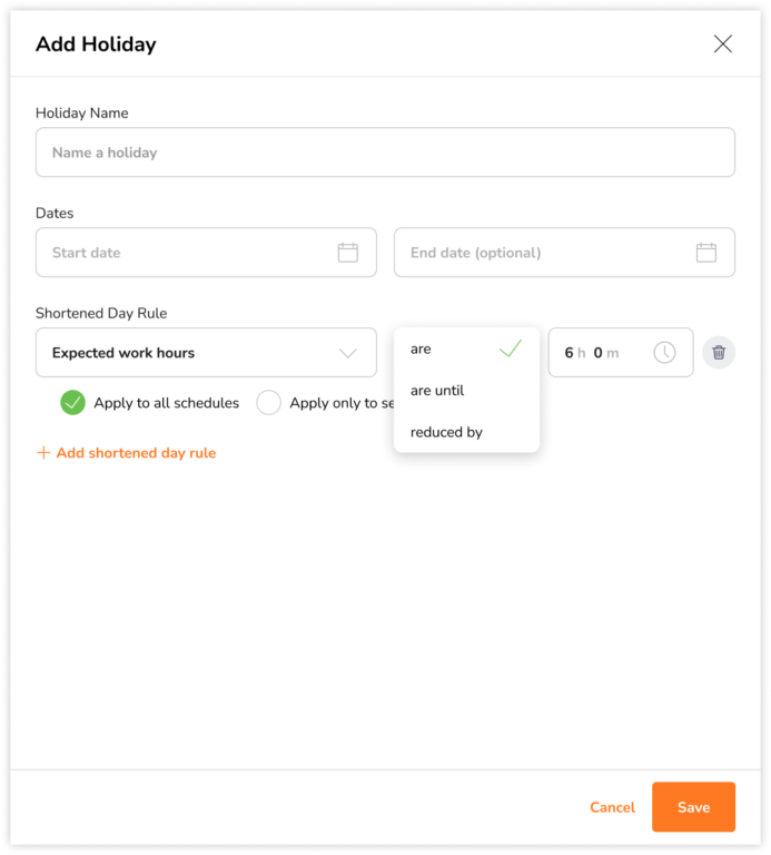 Editing options when configuring expected work hours rule for shortened days