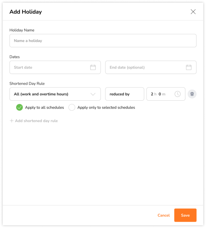 Configure work and overtime hours rule for shortened days