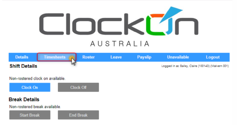 ClockOn employee web portal homepage layout