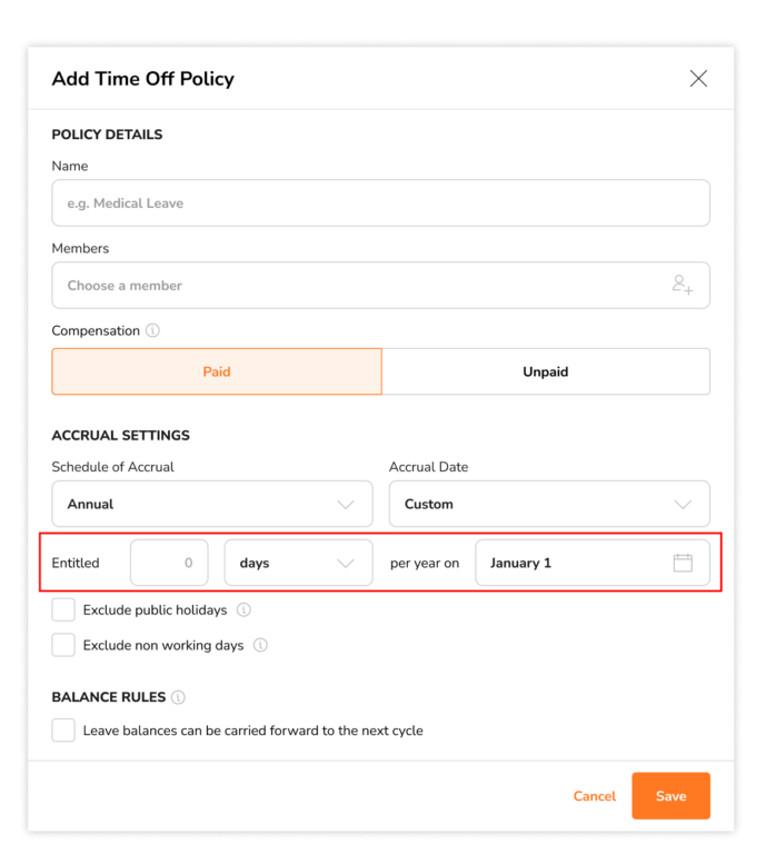 Entering an entitled amount for paid time off policies with custom date