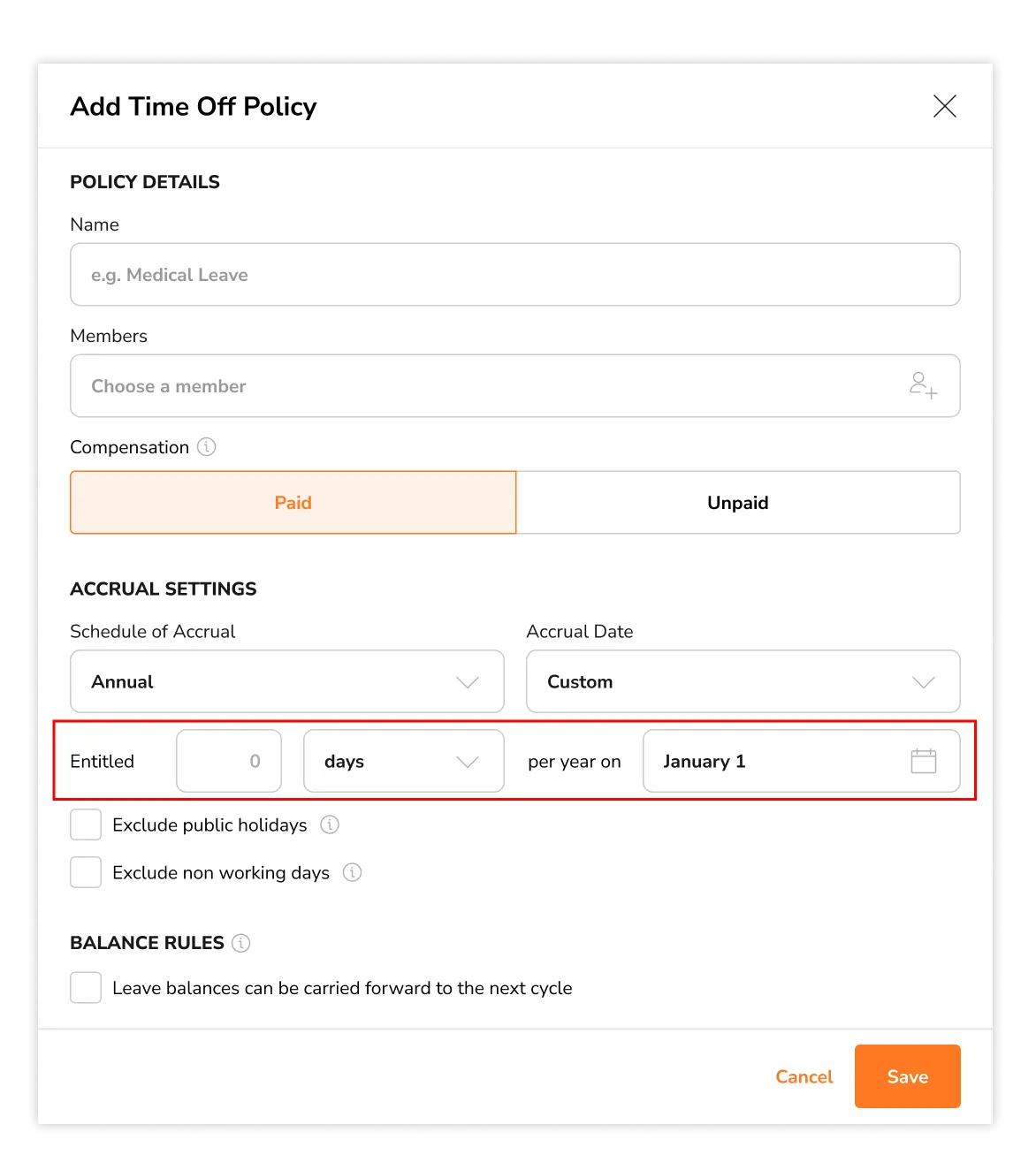 Entering an entitled amount for paid time off policies with custom date
