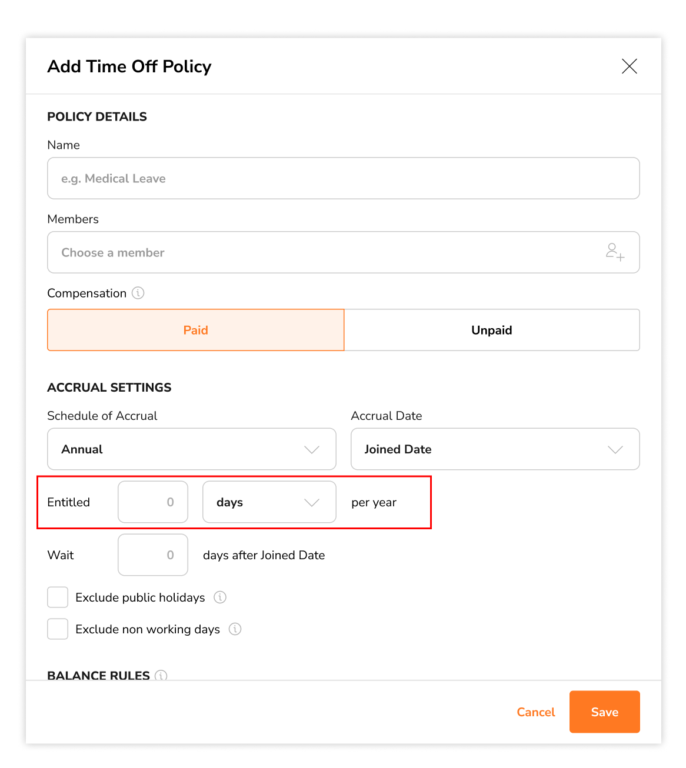 Entering an entitled amount for time off policies based on joined date