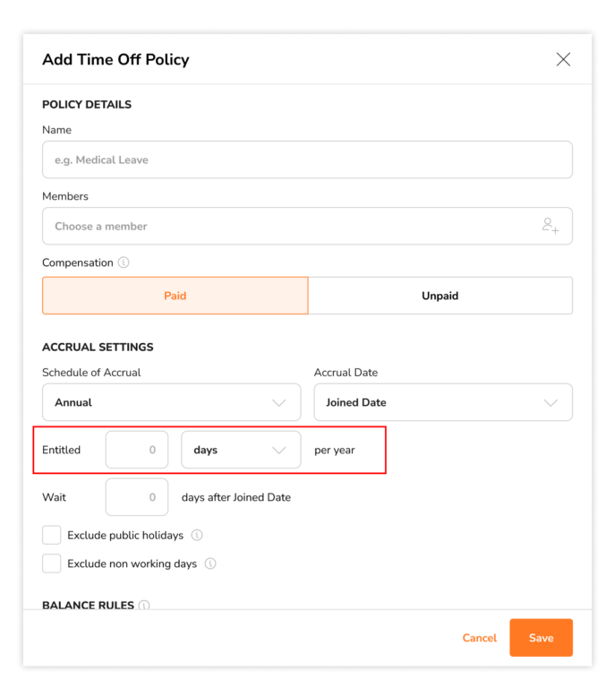 Entering an entitled amount for time off policies based on joined date