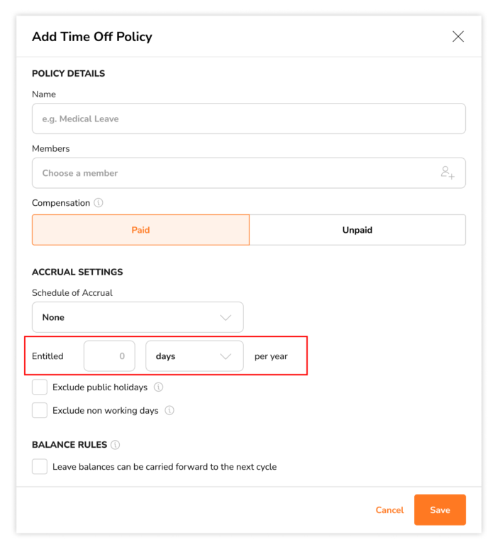 Entering an entitled amount for paid time off policies