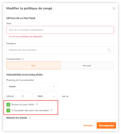 Checkboxes to exclude public holidays and rest days for paid time off policies.