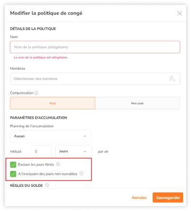 Checkboxes to exclude public holidays and rest days for paid time off policies.