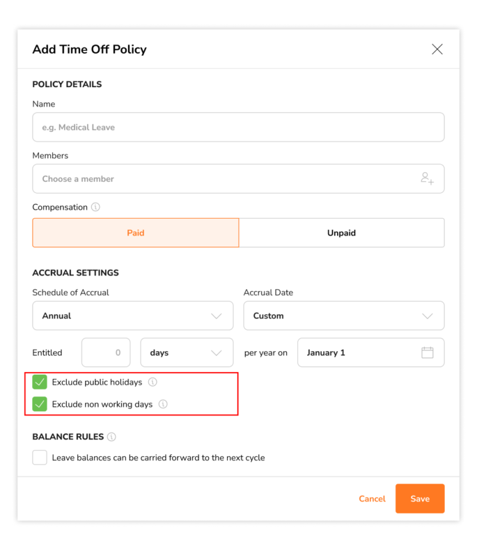 Checkboxes to exclude public holidays and rest days for custom date time off policies
