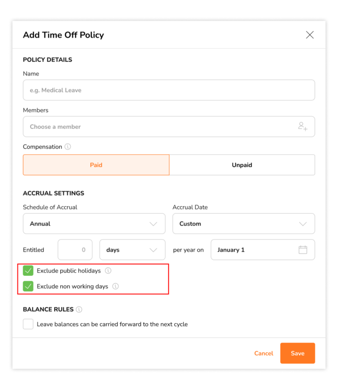 Checkboxes to exclude public holidays and rest days for custom date time off policies