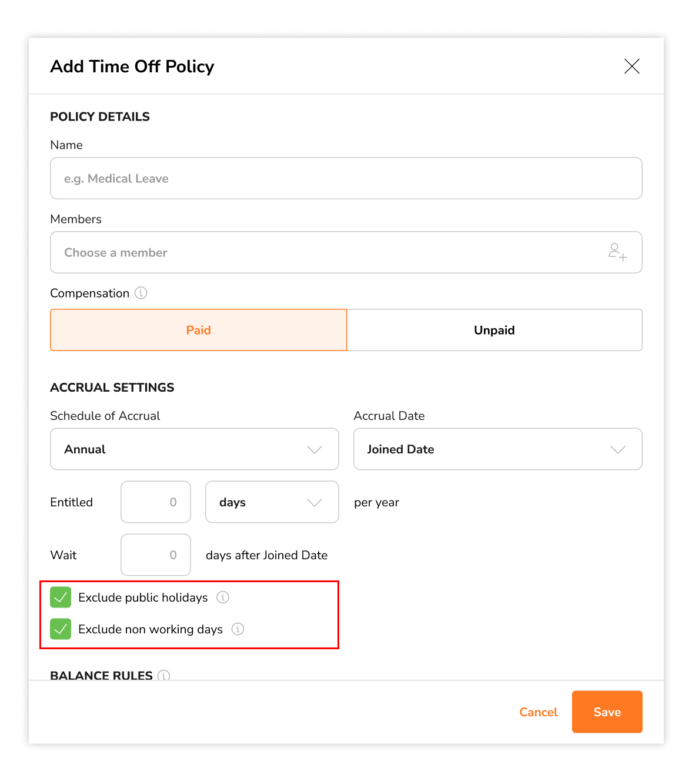 Checkboxes to exclude public holidays and rest days for time off policies based on joined date