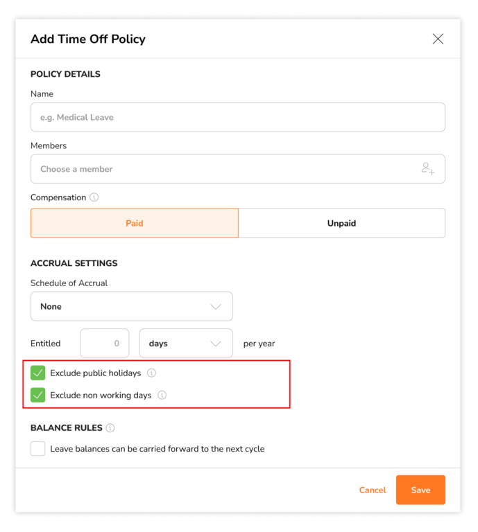 Checkboxes to exclude public holidays and rest days for paid time off policies