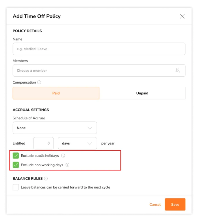 Checkboxes to exclude public holidays and rest days for paid time off policies