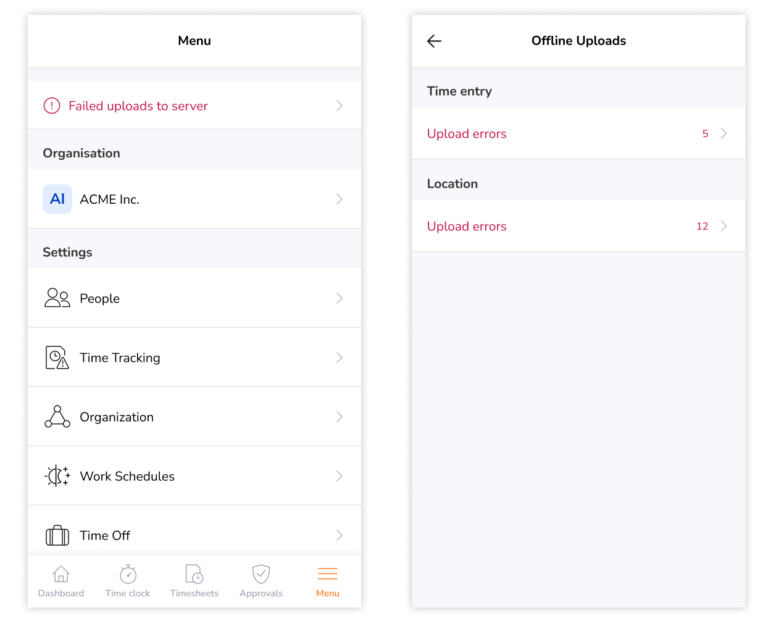 Time entry error uploads on menu screen on the mobile app