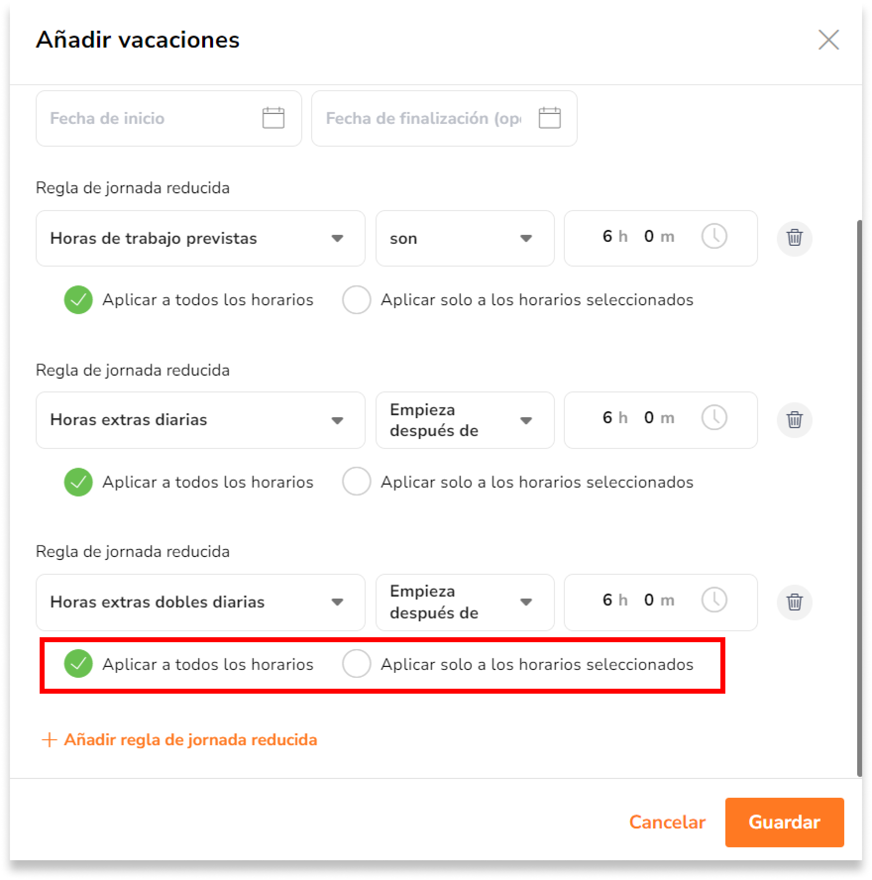 Elige si quieres que esta disposición de horas/hora se aplique a todos los horarios de trabajo o a horarios de trabajo seleccionados.: