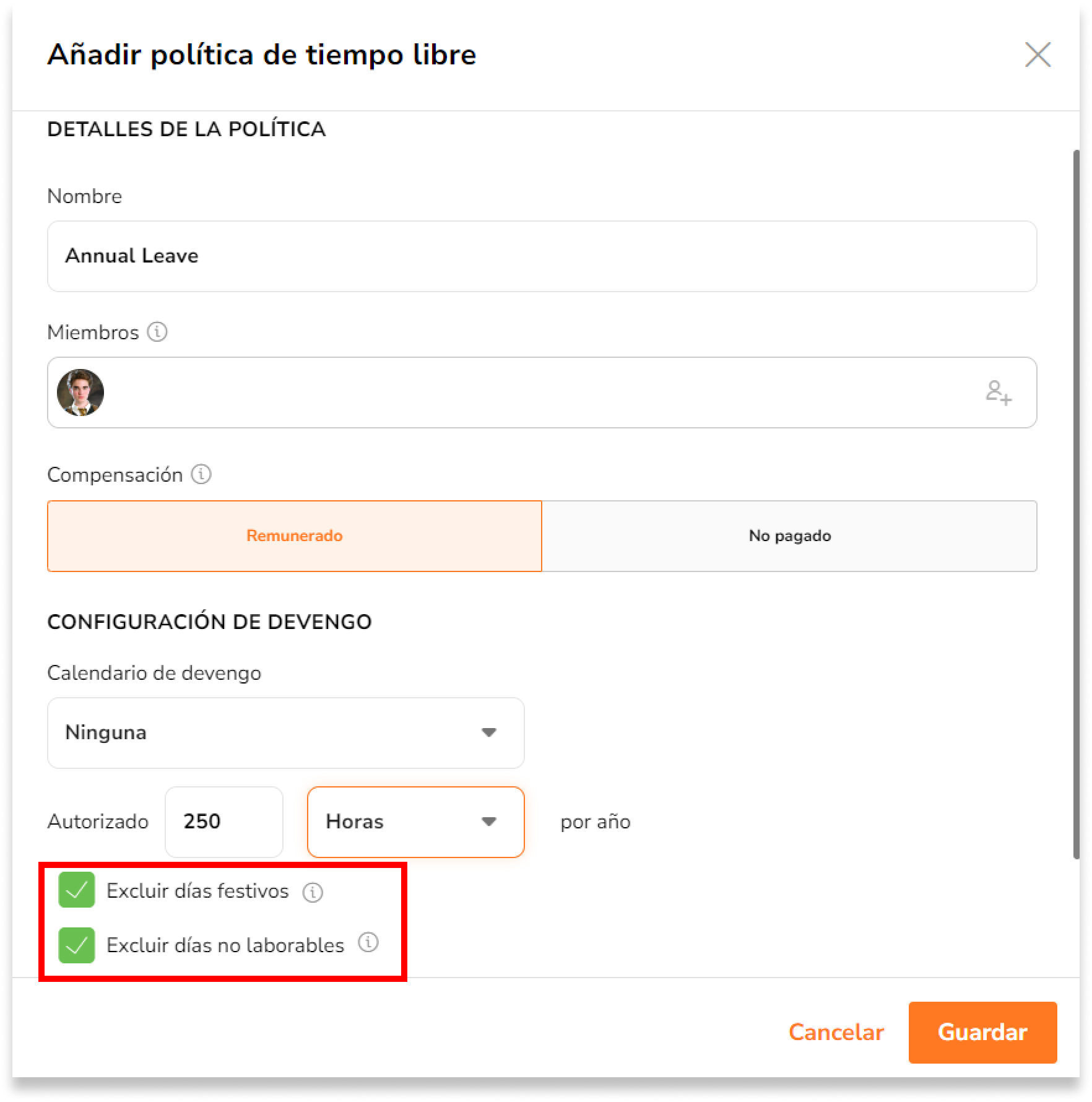 La duración del tiempo libre añadido puede verse afectada por la configuración de tu política de tiempo libre, concretamente a través de opciones como "Excluir días festivos" y "Excluir días no laborables".