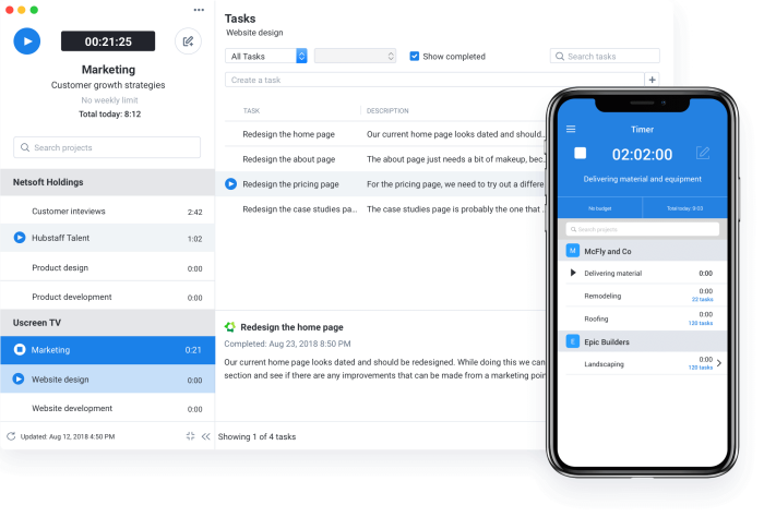 Two displays of a homepage and a mobile app showing how easy it is to use Hubstaff even on different devices.