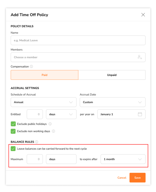 Enabling leave balance rules to carry forward custom date leave accruals