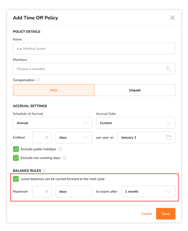 Enabling leave balance rules to carry forward custom date leave accruals