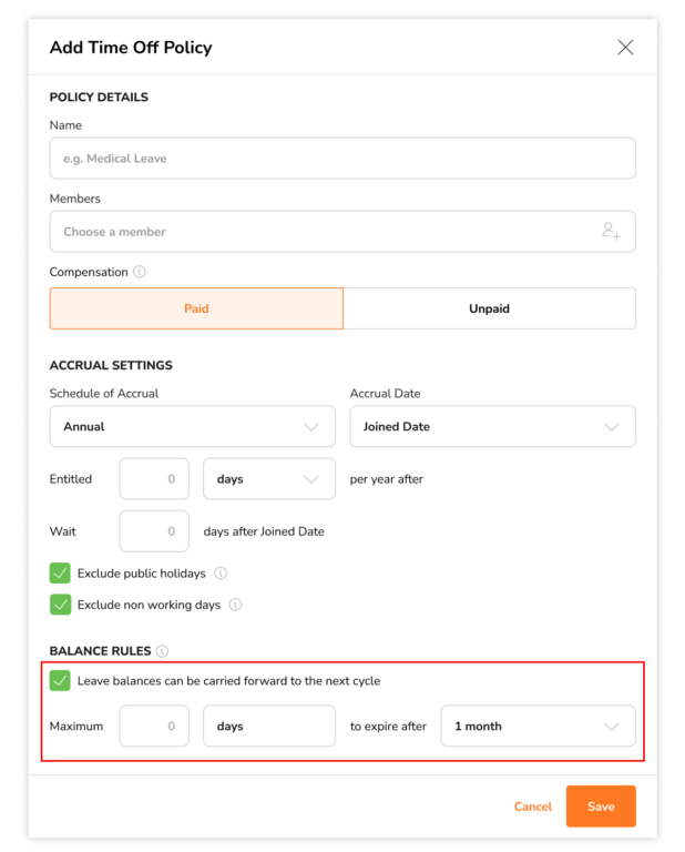 Enabling leave balance rules to carry forward joined date leave accruals