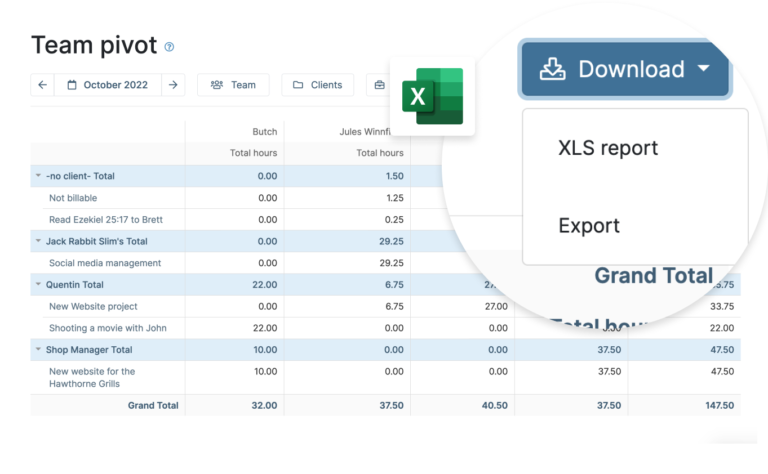 A display showing My Hours' ability to export reports in various formats.