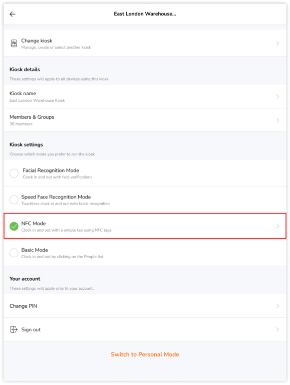 Selecting NFC mode under kiosk settings