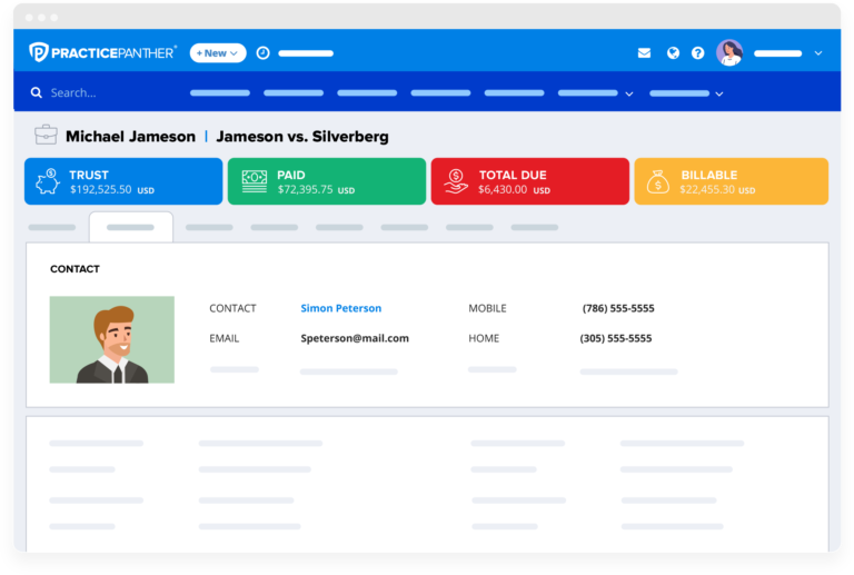 Dashboard display of PracticePanther's contact management for clients