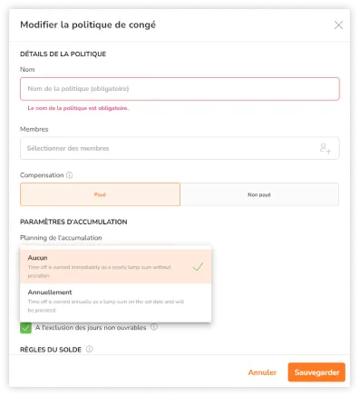 Selecting a schedule of accrual of none for paid time off policies.