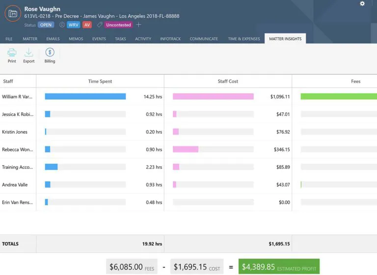 Time tracking report displaying tracked hours using Smokeball