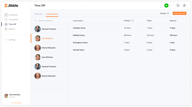 Leave balance overview on web