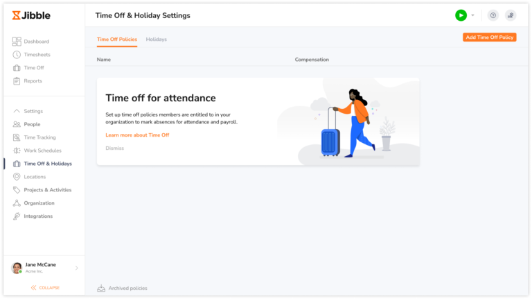 Time off policy settings on web